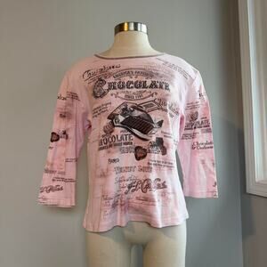 Pink chocolate print 3/4 sleeve top with rhinestone accents
